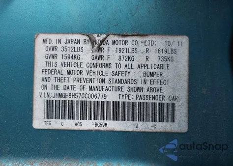 2012 Honda Fit Sport from USA, damaged, VIN JHMGE8H57CC006779